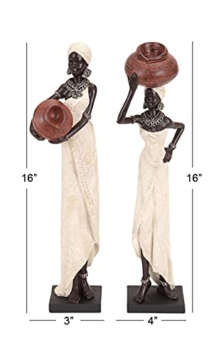 Deco 79 Polystone Woman Decorative Sculpture Standing African Home Decor Statues with Red Water Pots and Black Base, set of 2 Accent Figurines 4" x 3" x 16", Cream