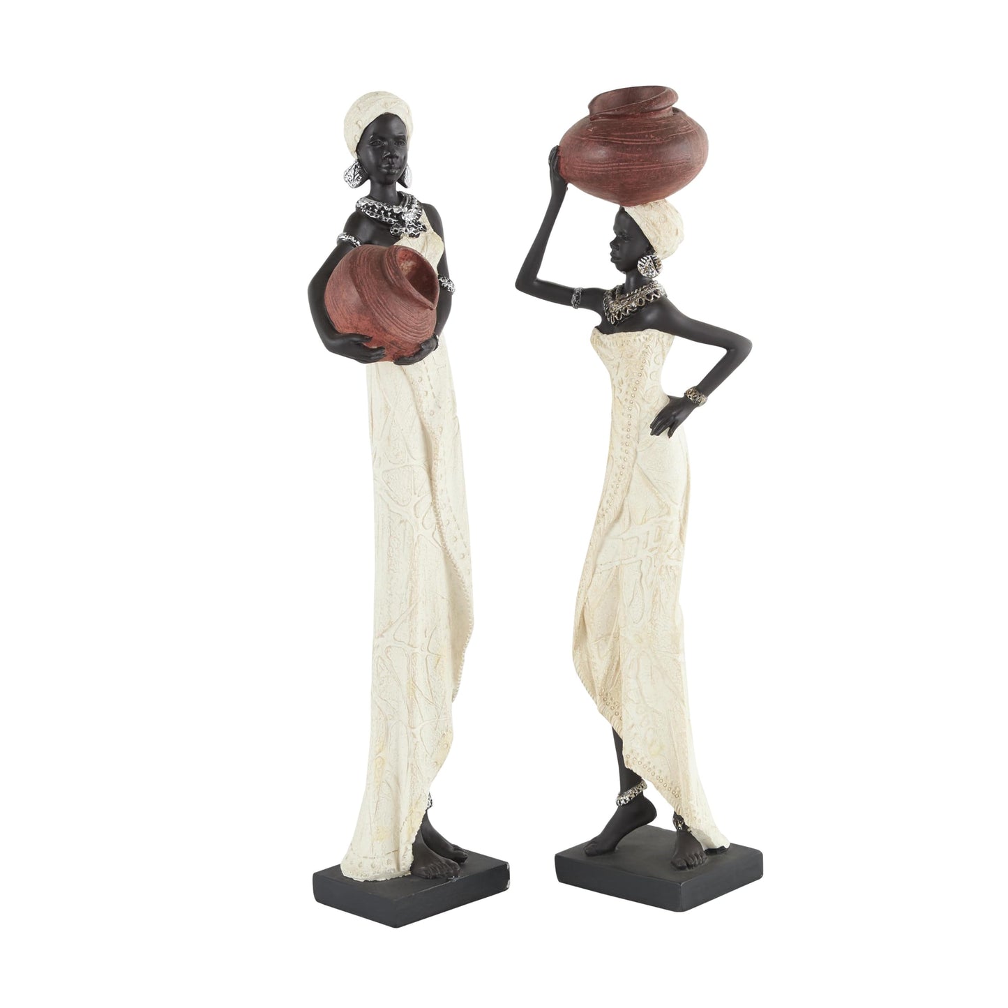 Deco 79 Polystone Woman Decorative Sculpture Standing African Home Decor Statues with Red Water Pots and Black Base, set of 2 Accent Figurines 4" x 3" x 16", Cream