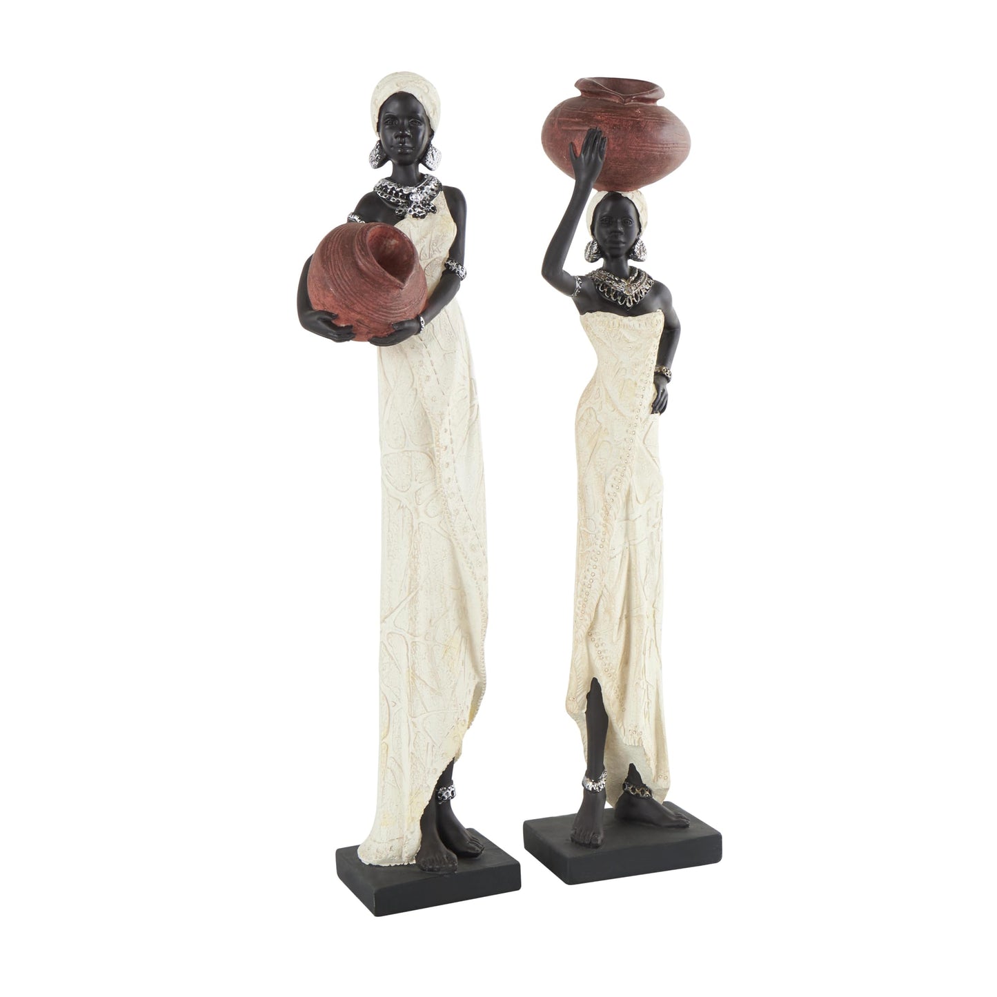 Deco 79 Polystone Woman Decorative Sculpture Standing African Home Decor Statues with Red Water Pots and Black Base, set of 2 Accent Figurines 4" x 3" x 16", Cream