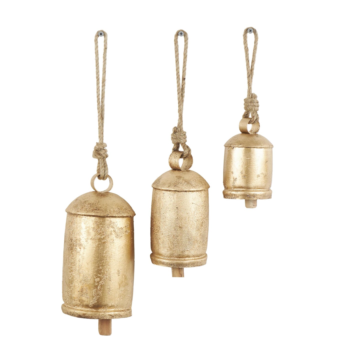 Deco 79 Metal Decorative Cow Bells Tibetan Inspired with Jute Hanging Rope, Set of 3 10",8",6"H, Gold