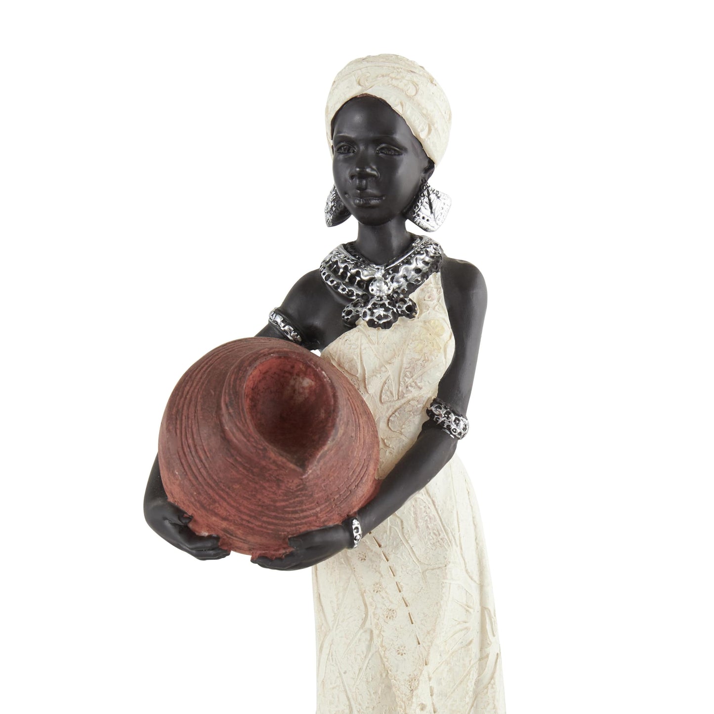 Deco 79 Polystone Woman Decorative Sculpture Standing African Home Decor Statues with Red Water Pots and Black Base, set of 2 Accent Figurines 4" x 3" x 16", Cream