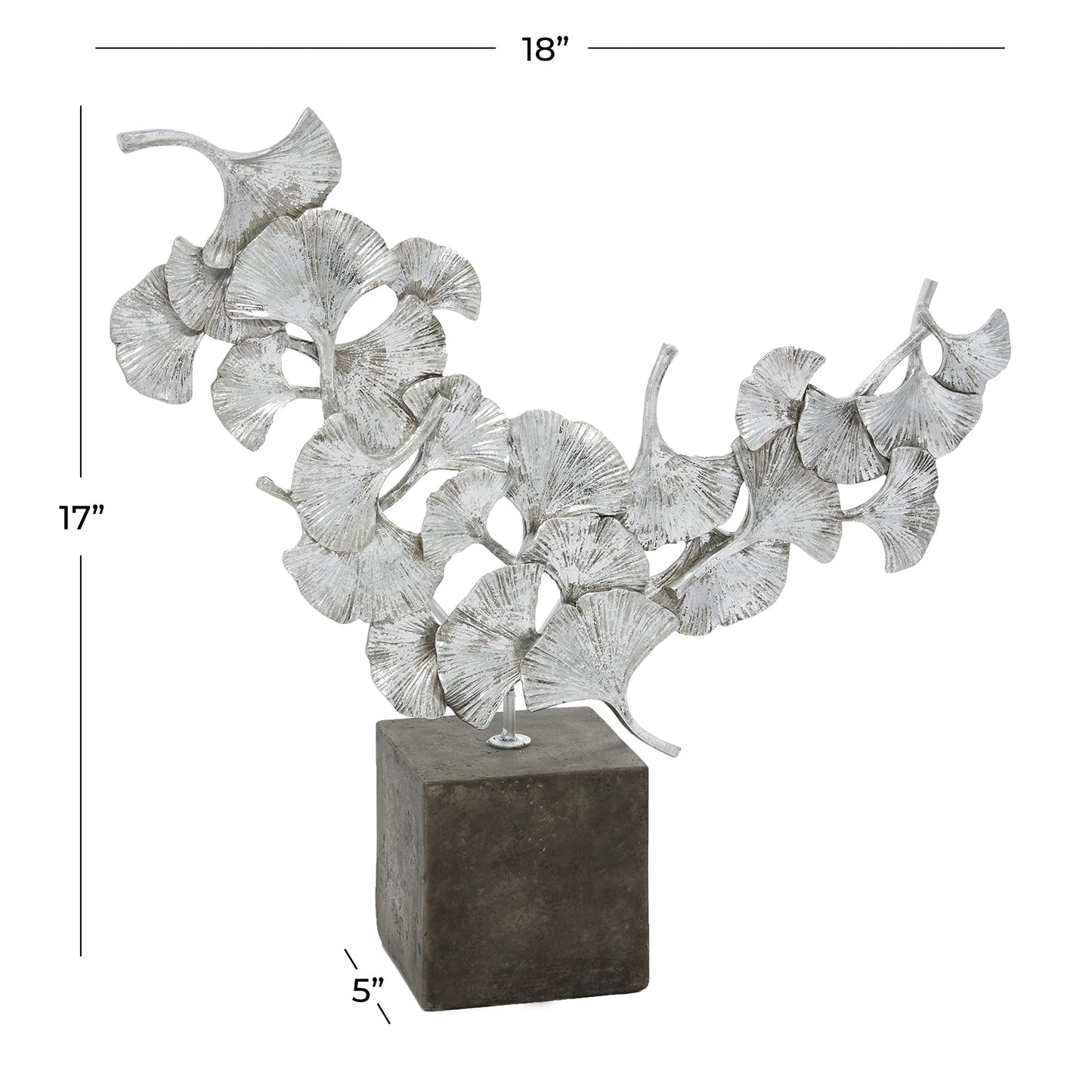 Deco 79 Polystone Floral Decorative Sculpture Home Decor Statue with Black Block Base, Accent Figurine 18" x 5" x 17", Silver