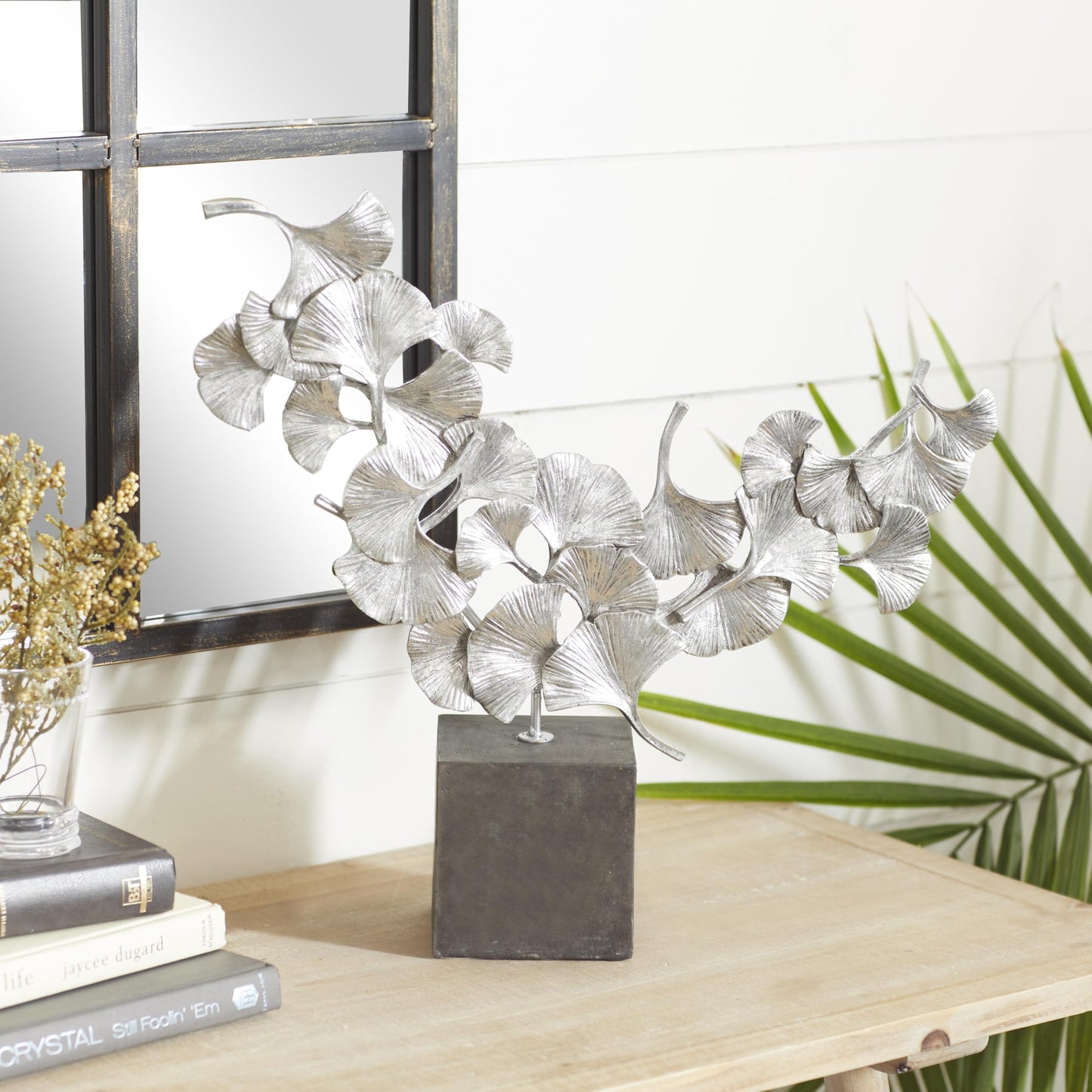 Deco 79 Polystone Floral Decorative Sculpture Home Decor Statue with Black Block Base, Accent Figurine 18" x 5" x 17", Silver