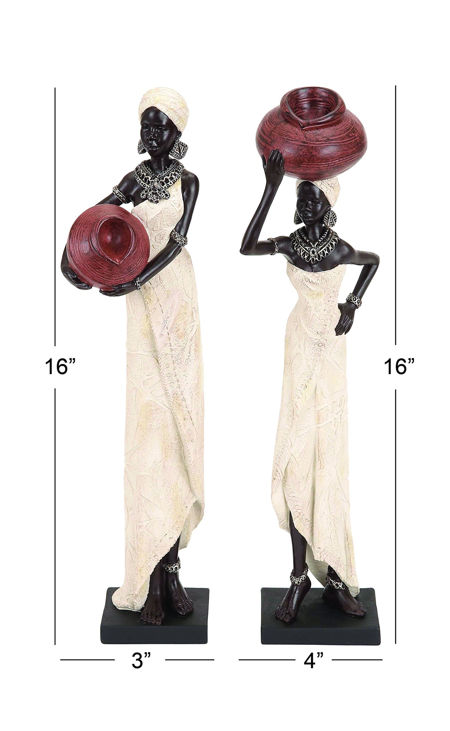 Deco 79 Polystone Woman Decorative Sculpture Standing African Home Decor Statues with Red Water Pots and Black Base, set of 2 Accent Figurines 4" x 3" x 16", Cream