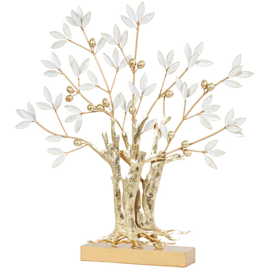 Deco 79 Metal Tree Decorative Sculpture Metallic Home Decor Statue with White Leaves, Accent Figurine 23" x 3" x 24", Gold