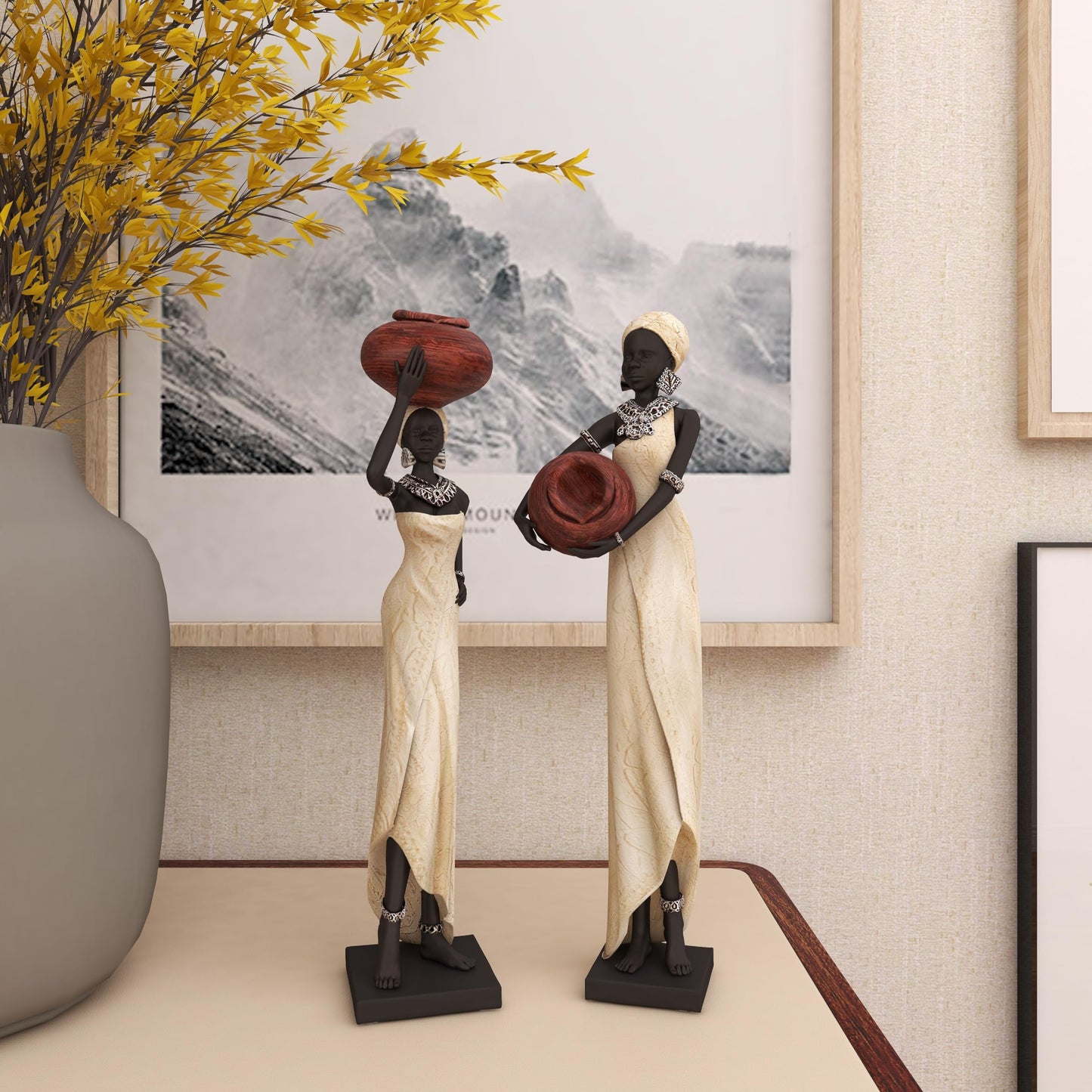 Deco 79 Polystone Woman Decorative Sculpture Standing African Home Decor Statues with Red Water Pots and Black Base, set of 2 Accent Figurines 4" x 3" x 16", Cream